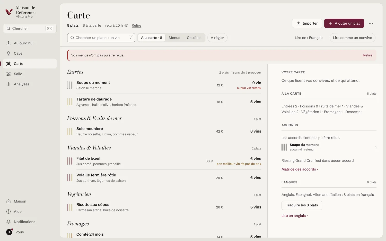 Vintoria Pro, écran Carte : huit plats, chacun avec le nombre de vins que Vintoria lui a trouvés — et « Soupe du moment, 0 vin, aucun vin retenu » quand il n’en trouve aucun.