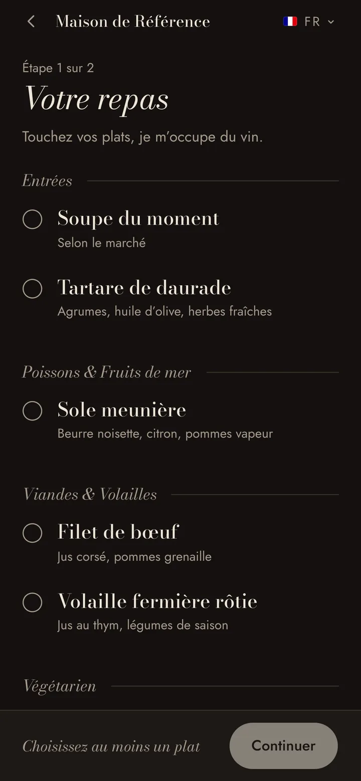 Le parcours convive : le choix du plat.